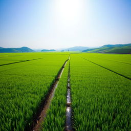A breathtaking wide expanse of lush green rice fields, meticulously arranged in neat rows