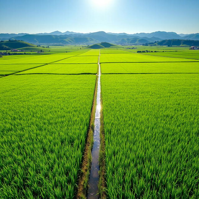 A breathtaking wide expanse of lush green rice fields, meticulously arranged in neat rows