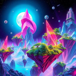 A vibrant and futuristic NFT artwork featuring an abstract digital landscape, filled with colorful geometric shapes and intricate patterns