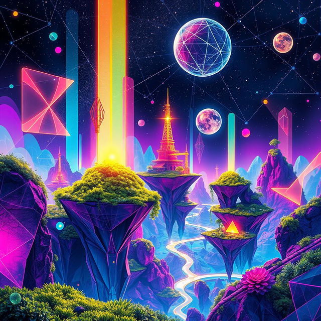 A vibrant and futuristic NFT artwork featuring an abstract digital landscape, filled with colorful geometric shapes and intricate patterns