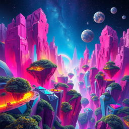 A vibrant and futuristic NFT artwork featuring an abstract digital landscape, filled with colorful geometric shapes and intricate patterns