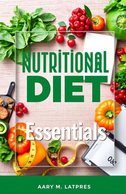 A visually appealing e-book cover design related to nutritional diet, featuring vibrant fruits and vegetables such as leafy greens, berries, and colorful peppers