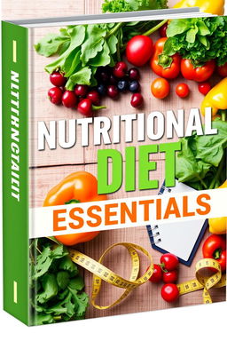 A visually appealing e-book cover design related to nutritional diet, featuring vibrant fruits and vegetables such as leafy greens, berries, and colorful peppers