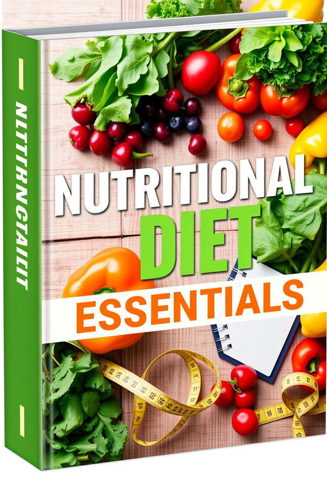 A visually appealing e-book cover design related to nutritional diet, featuring vibrant fruits and vegetables such as leafy greens, berries, and colorful peppers