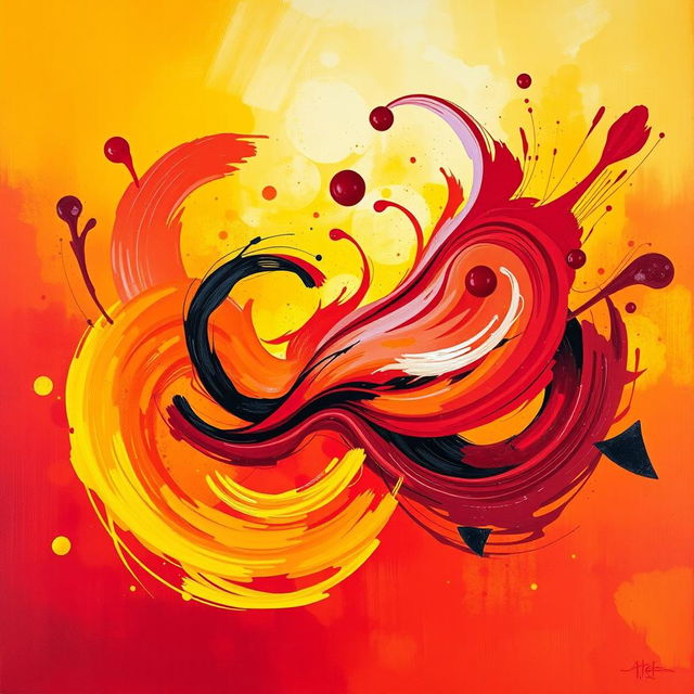 A vibrant abstract artwork that reflects the personality of someone who is creative and energetic, using a dynamic composition with swirling shapes and bright colors