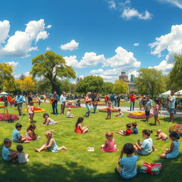 A vibrant and thriving community depicted in a wide shot view, showcasing diverse groups of people engaged in various activities in a sunny park setting