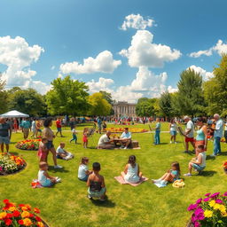 A vibrant and thriving community depicted in a wide shot view, showcasing diverse groups of people engaged in various activities in a sunny park setting