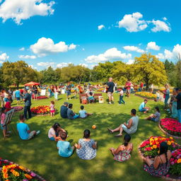 A vibrant and thriving community depicted in a wide shot view, showcasing diverse groups of people engaged in various activities in a sunny park setting