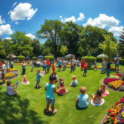 A vibrant and thriving community depicted in a wide shot view, showcasing diverse groups of people engaged in various activities in a sunny park setting