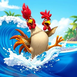 A vibrant and playful scene featuring Hei Hei, the quirky rooster from Disney's Moana, joyfully lifted by a bright blue ocean wave