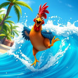 A vibrant and playful scene featuring Hei Hei, the quirky rooster from Disney's Moana, joyfully lifted by a bright blue ocean wave