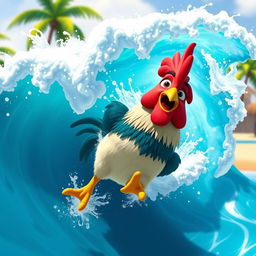 A vibrant and playful scene featuring Hei Hei, the quirky rooster from Disney's Moana, joyfully lifted by a bright blue ocean wave