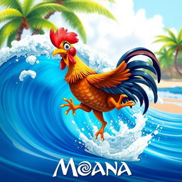 A vibrant and playful scene featuring Hei Hei, the quirky rooster from Disney's Moana, joyfully lifted by a bright blue ocean wave