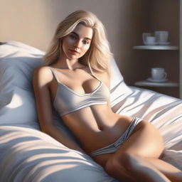 A high-definition, realistic digital painting captures a blonde Instagram model lounging on a bed