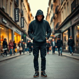 A realistic photo of a cool man standing in the middle of the street, wearing a black hoodie and a hoodie hat, black pants, and black shoes