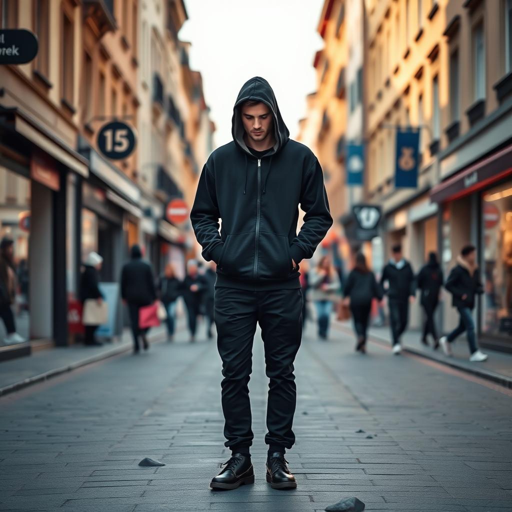 A realistic photo of a cool man standing in the middle of the street, wearing a black hoodie and a hoodie hat, black pants, and black shoes