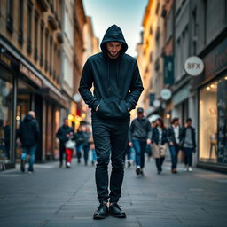 A realistic photo of a cool man standing in the middle of the street, wearing a black hoodie and a hoodie hat, black pants, and black shoes