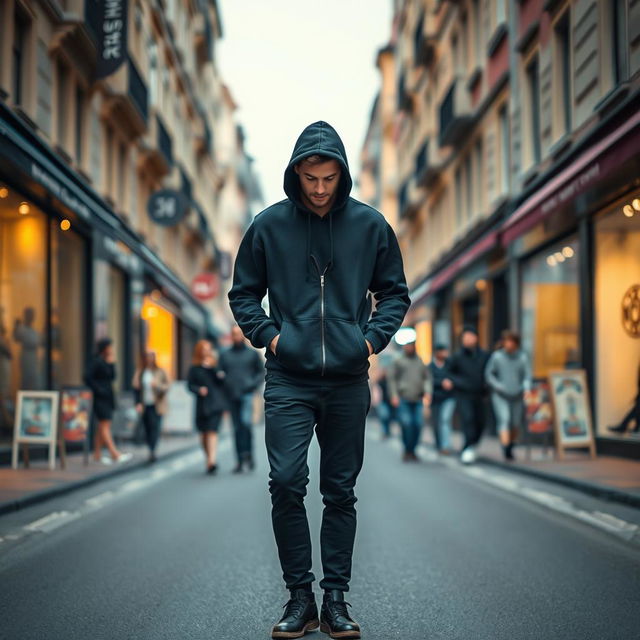 A realistic photo of a cool man standing in the middle of the street, wearing a black hoodie and a hoodie hat, black pants, and black shoes