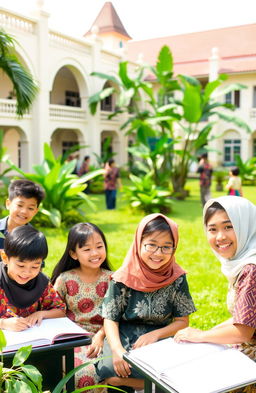 A vibrant scene depicting Indonesian students (siswa siswi Indonesia) in a school environment, showcasing diversity in their traditional clothing such as batik