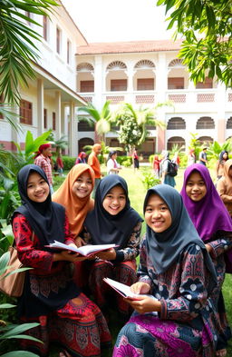 A vibrant scene depicting Indonesian students (siswa siswi Indonesia) in a school environment, showcasing diversity in their traditional clothing such as batik