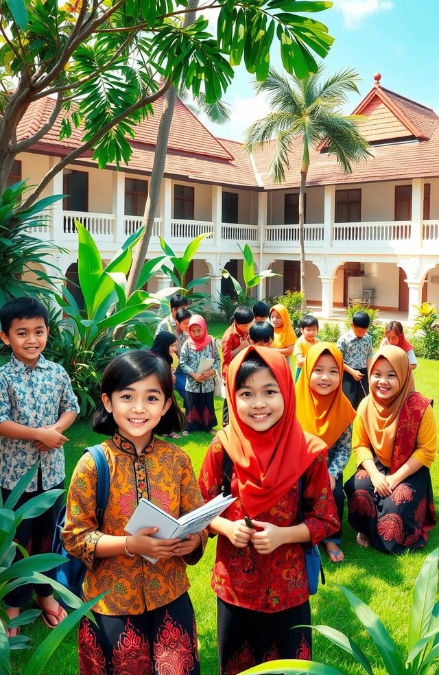 A vibrant scene depicting Indonesian students (siswa siswi Indonesia) in a school environment, showcasing diversity in their traditional clothing such as batik