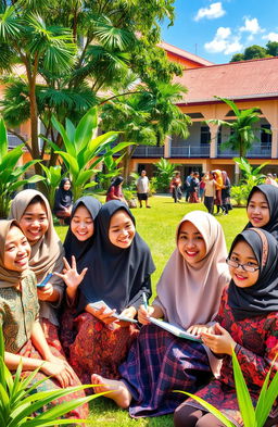 A vibrant scene depicting Indonesian students (siswa siswi Indonesia) in a school environment, showcasing diversity in their traditional clothing such as batik