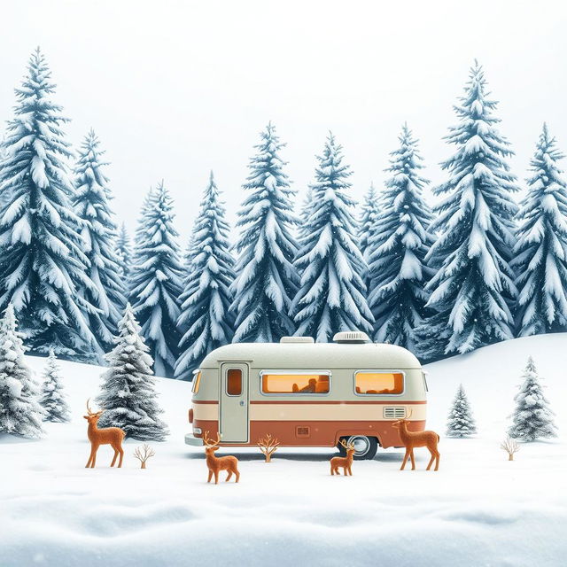 A winter vacation-themed landscape featuring a serene scene with tall, snow-covered pine trees in the background, a cozy vintage camper van parked among them, and decorative deer ornaments positioned playfully around the area