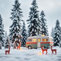 A winter vacation-themed landscape featuring a serene scene with tall, snow-covered pine trees in the background, a cozy vintage camper van parked among them, and decorative deer ornaments positioned playfully around the area