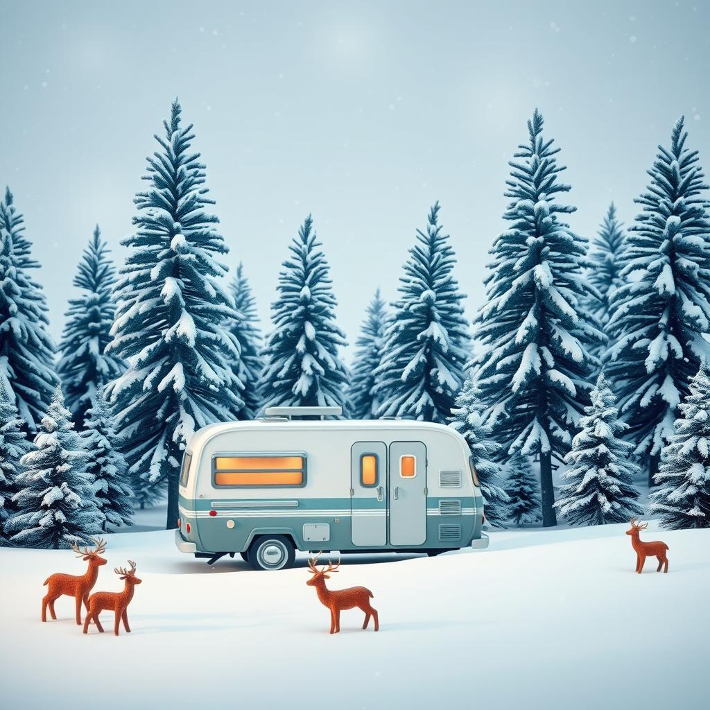 A winter vacation-themed landscape featuring a serene scene with tall, snow-covered pine trees in the background, a cozy vintage camper van parked among them, and decorative deer ornaments positioned playfully around the area