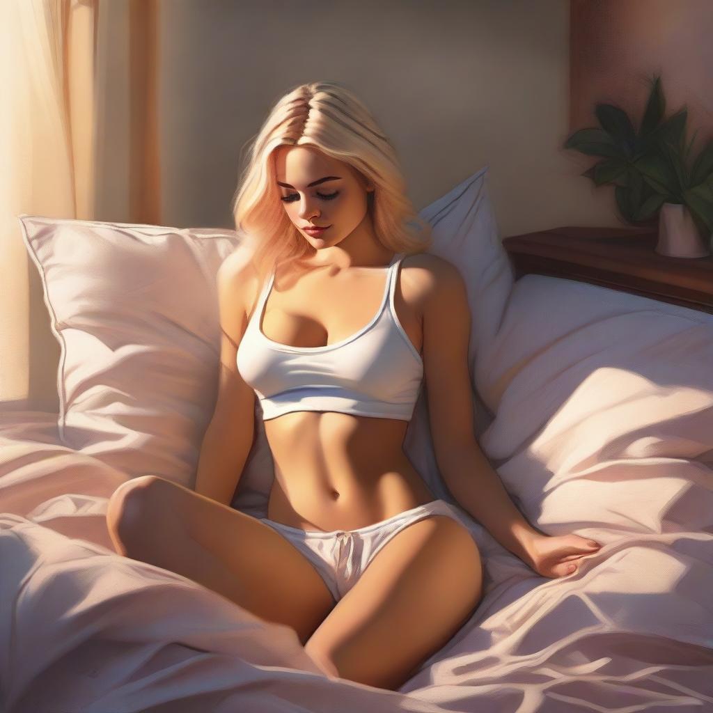 A high-quality, realistic digital painting showcases a blonde Instagram model lounging on a bed