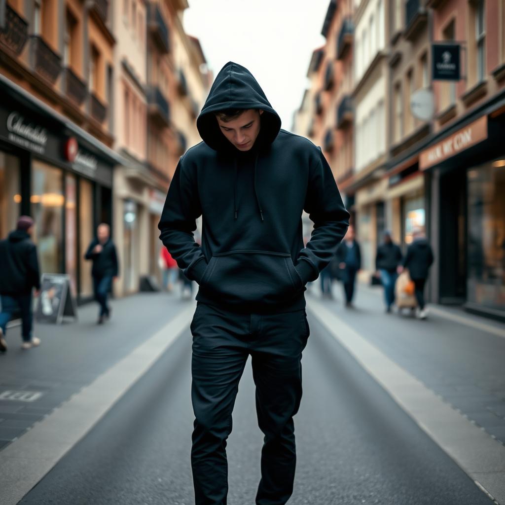 A cool man standing in the middle of a street, wearing a black hoodie with the hood up, black trousers, and black shoes