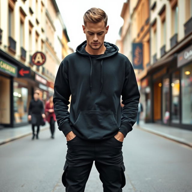 A cool man standing in the middle of a street, wearing a black hoodie with the hood up, black trousers, and black shoes