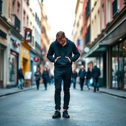 A cool man standing in the middle of a street, wearing a black hoodie with the hood up, black trousers, and black shoes
