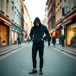 A cool man standing in the middle of a street, wearing a black hoodie with the hood up, black trousers, and black shoes