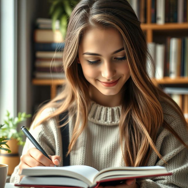 A close-up of a young woman named Emma with a faint smile while studying