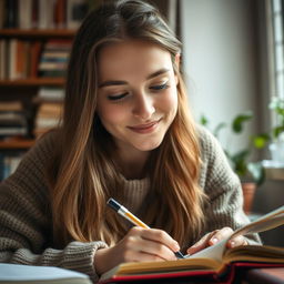 A close-up of a young woman named Emma with a faint smile while studying
