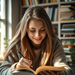 A close-up of a young woman named Emma with a faint smile while studying