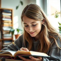 A close-up of a young woman named Emma with a faint smile while studying