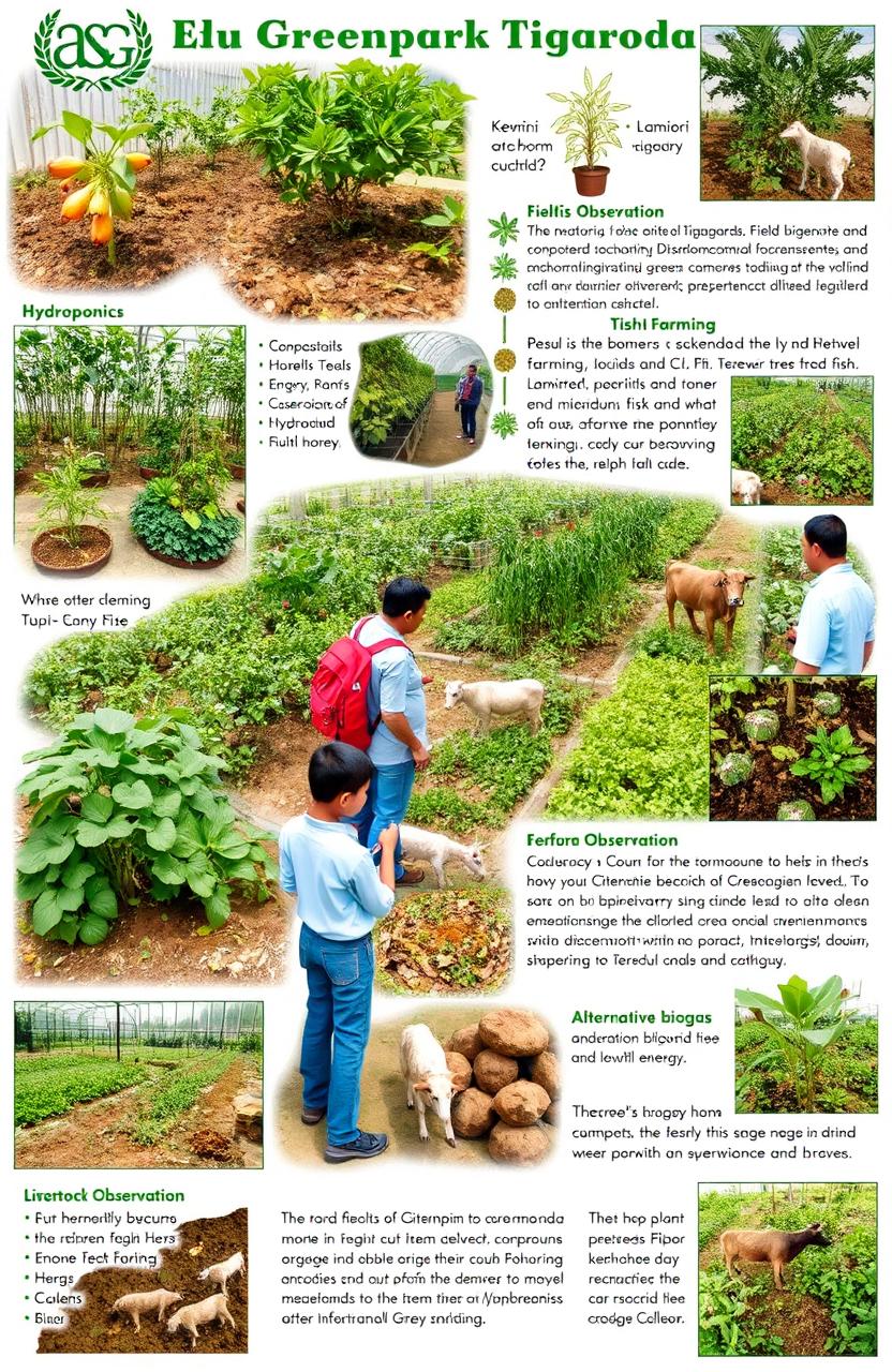 A detailed educational field observation scene at Edu Greenpark Tigaroda, showing various activities related to plant and animal observation