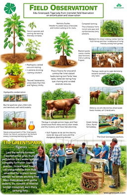 A detailed educational field observation scene at Edu Greenpark Tigaroda, showing various activities related to plant and animal observation
