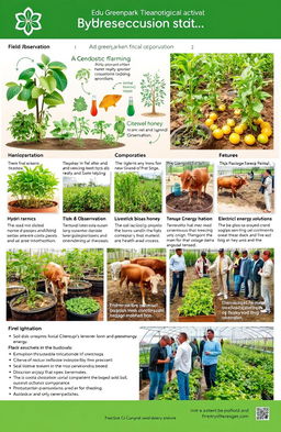 A detailed educational field observation scene at Edu Greenpark Tigaroda, showing various activities related to plant and animal observation