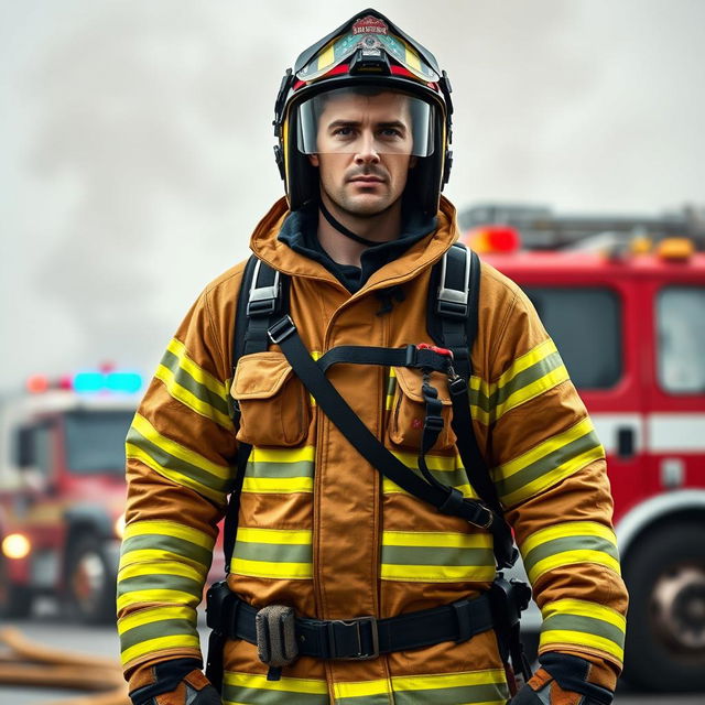 A male firefighter wearing a full firefighting suit with bright yellow reflective stripes, standing confidently
