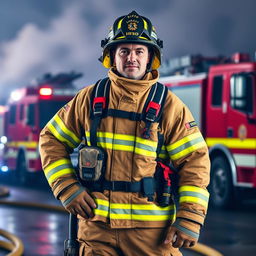 A male firefighter wearing a full firefighting suit with bright yellow reflective stripes, standing confidently