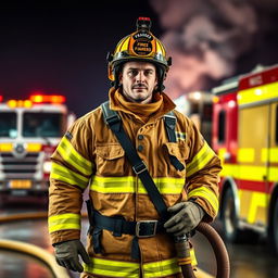 A male firefighter wearing a full firefighting suit with bright yellow reflective stripes, standing confidently