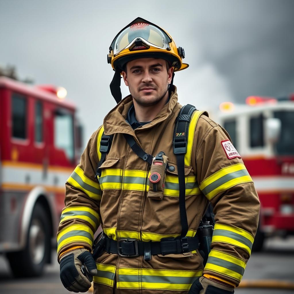 A male firefighter wearing a full firefighting suit with bright yellow reflective stripes, standing confidently