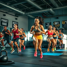 An intense workout scene focusing on interval training, featuring a diverse group of fit individuals engaged in high-intensity exercises such as sprinting, jumping, and agility drills in a modern gym environment