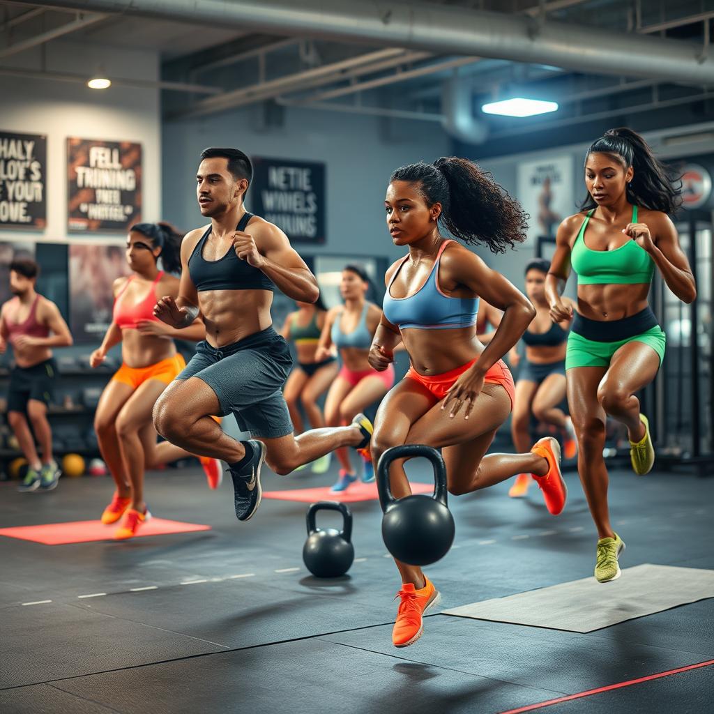 An intense workout scene focusing on interval training, featuring a diverse group of fit individuals engaged in high-intensity exercises such as sprinting, jumping, and agility drills in a modern gym environment