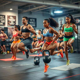 An intense workout scene focusing on interval training, featuring a diverse group of fit individuals engaged in high-intensity exercises such as sprinting, jumping, and agility drills in a modern gym environment