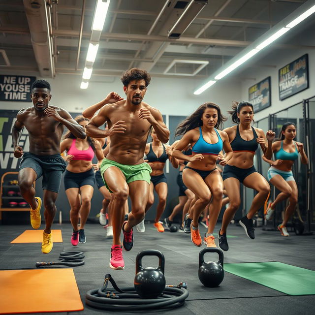 An intense workout scene focusing on interval training, featuring a diverse group of fit individuals engaged in high-intensity exercises such as sprinting, jumping, and agility drills in a modern gym environment