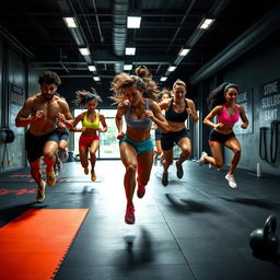 An intense workout scene focusing on interval training, featuring a diverse group of fit individuals engaged in high-intensity exercises such as sprinting, jumping, and agility drills in a modern gym environment